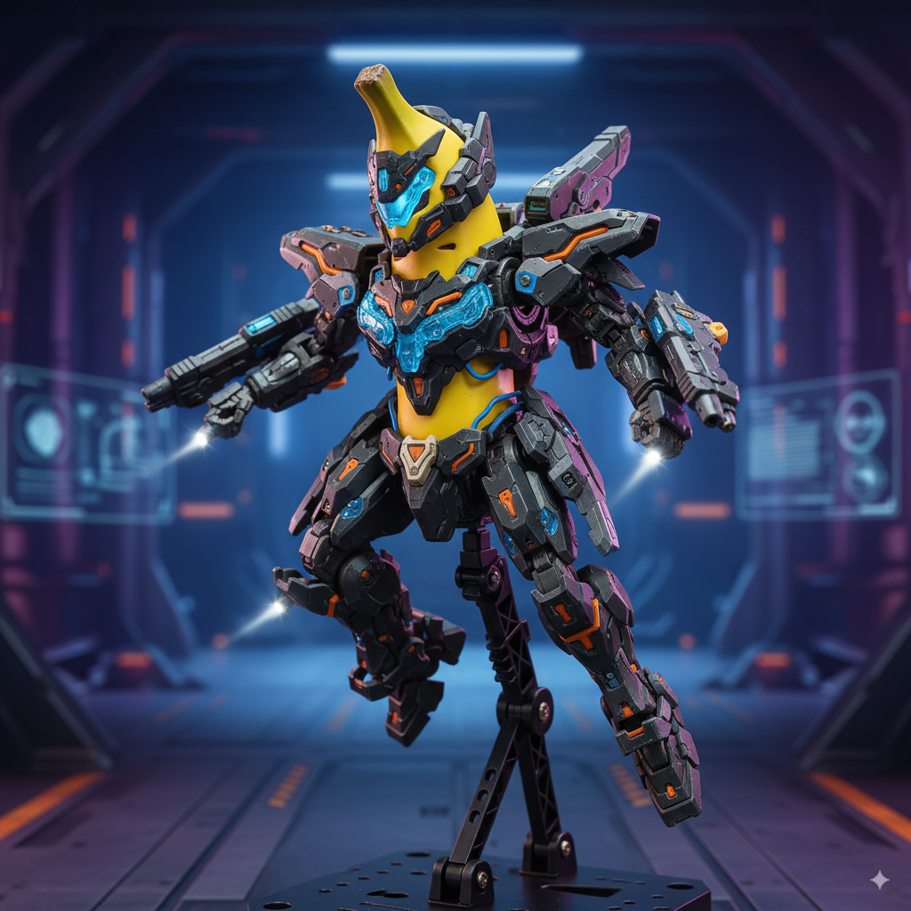  A 1:8 scale action figure of a banana in an elaborate mecha suit. The suit is dark grey with orange and translucent blue accents, featuring detailed armor articulation. The banana itself is visible, with the top forming a yellow crest. The figure is posed dynamically on a multi-angle action stand within a futuristic, blue-lit corridor environment, suggesting LED-compatible features in its design.